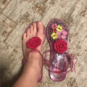 Pink Floral Sandals with Red Rose Accent